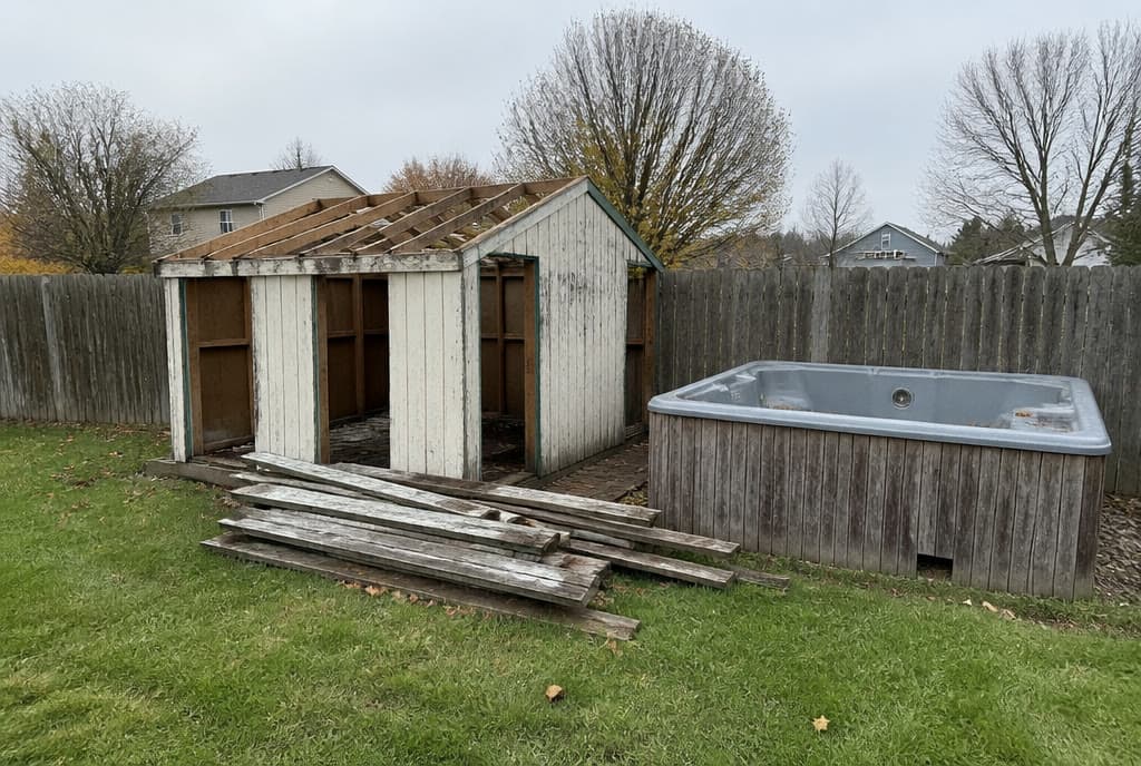 Weathered backyard shed partly torn down beside old deck boards and an empty hot tub